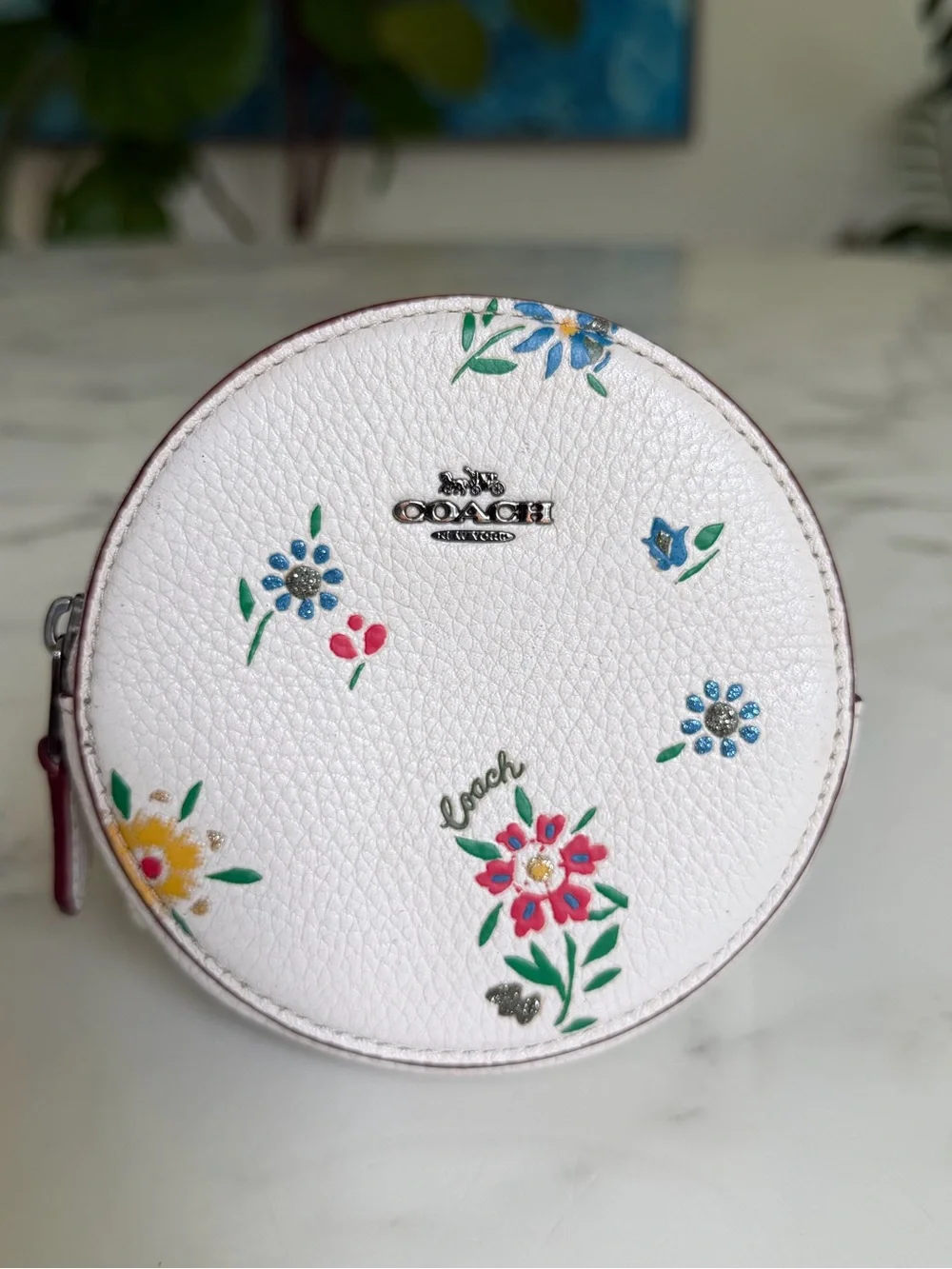Coach Round Coin Case With Wildflower Print Chalk Floral Pebble Leather 1357